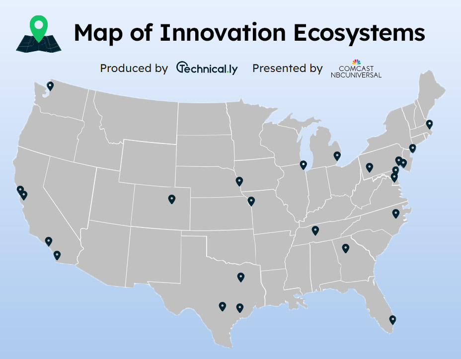 Map of the United States showing locations of innovation ecosystems with blue location markers in various cities.