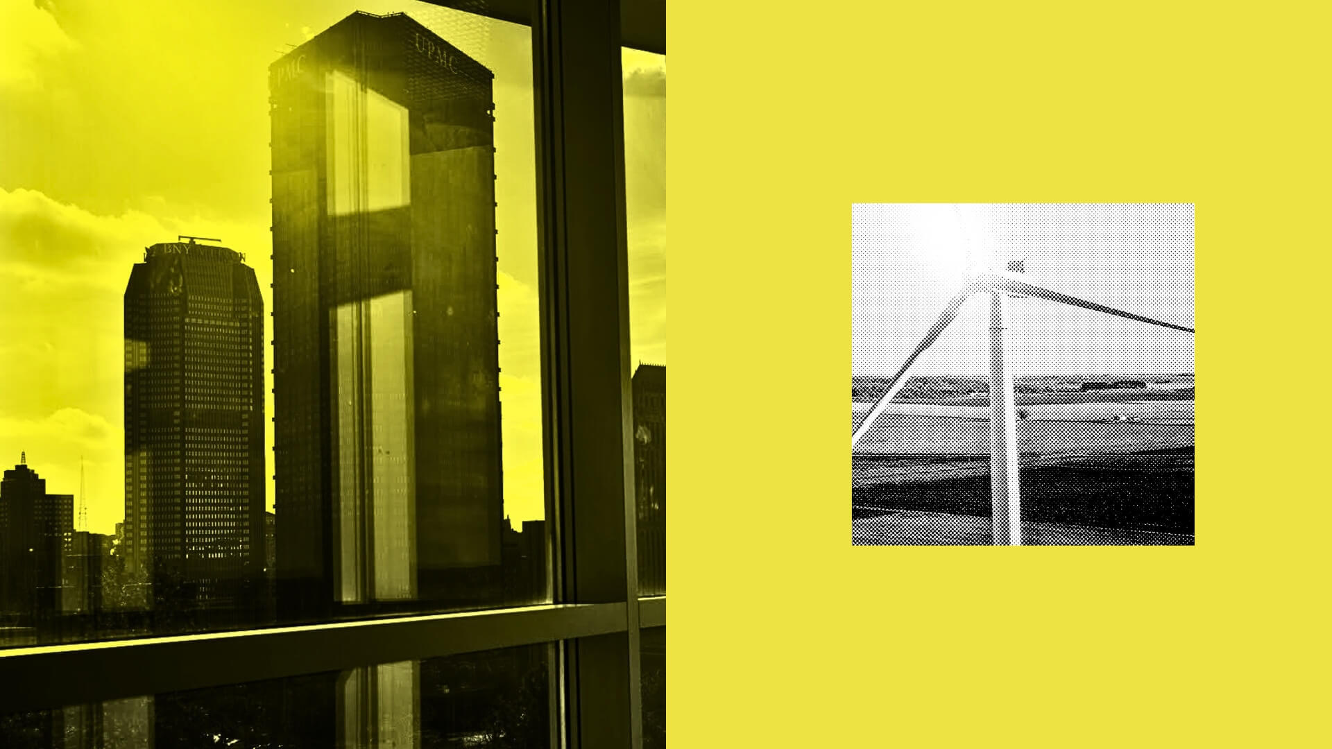 Split image; left shows a cityscape with tall buildings viewed through a yellow-tinted window, right shows a grainy, black-and-white close-up of a wind turbine against a yellow background.