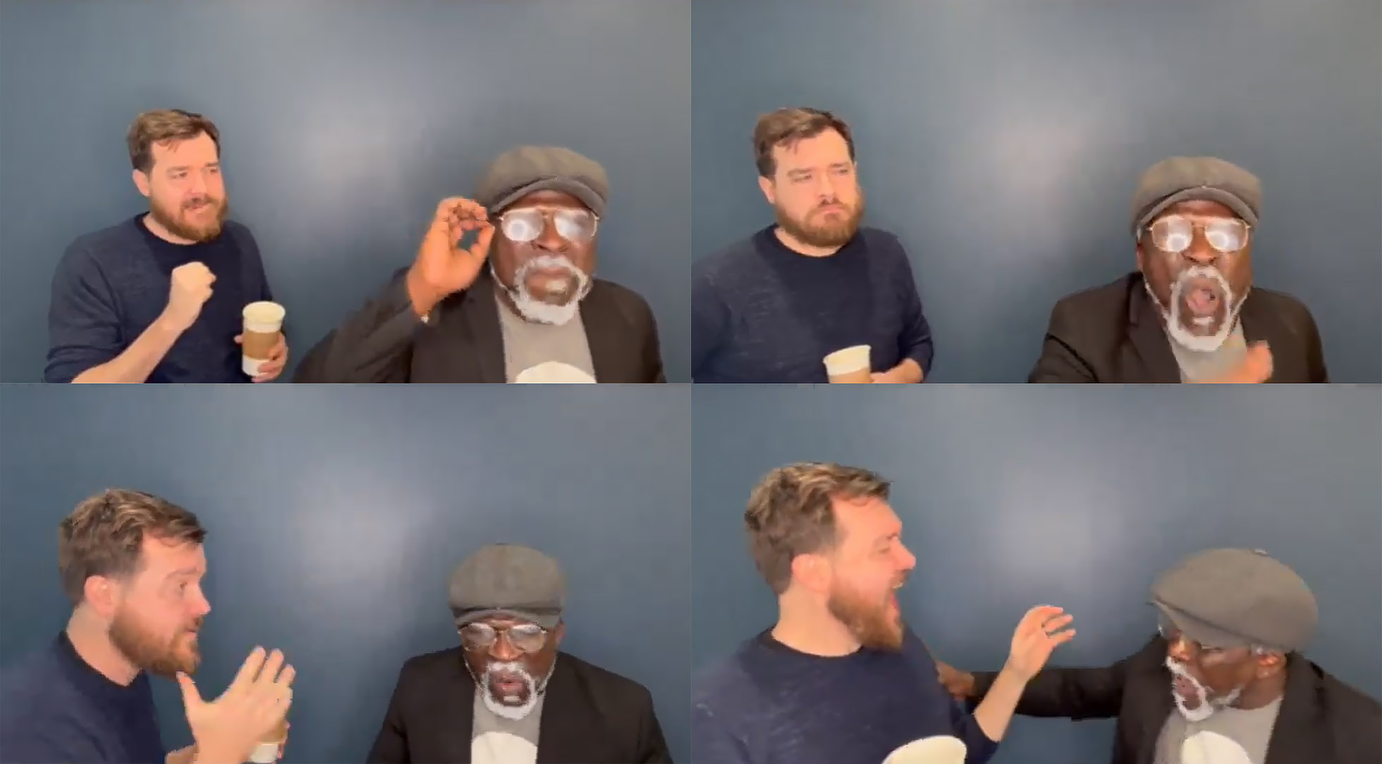 Two men stand against a blue wall, gesturing as if in conversation. One holds a coffee cup, and the other wears glasses and a hat. Four images show their animated expressions.