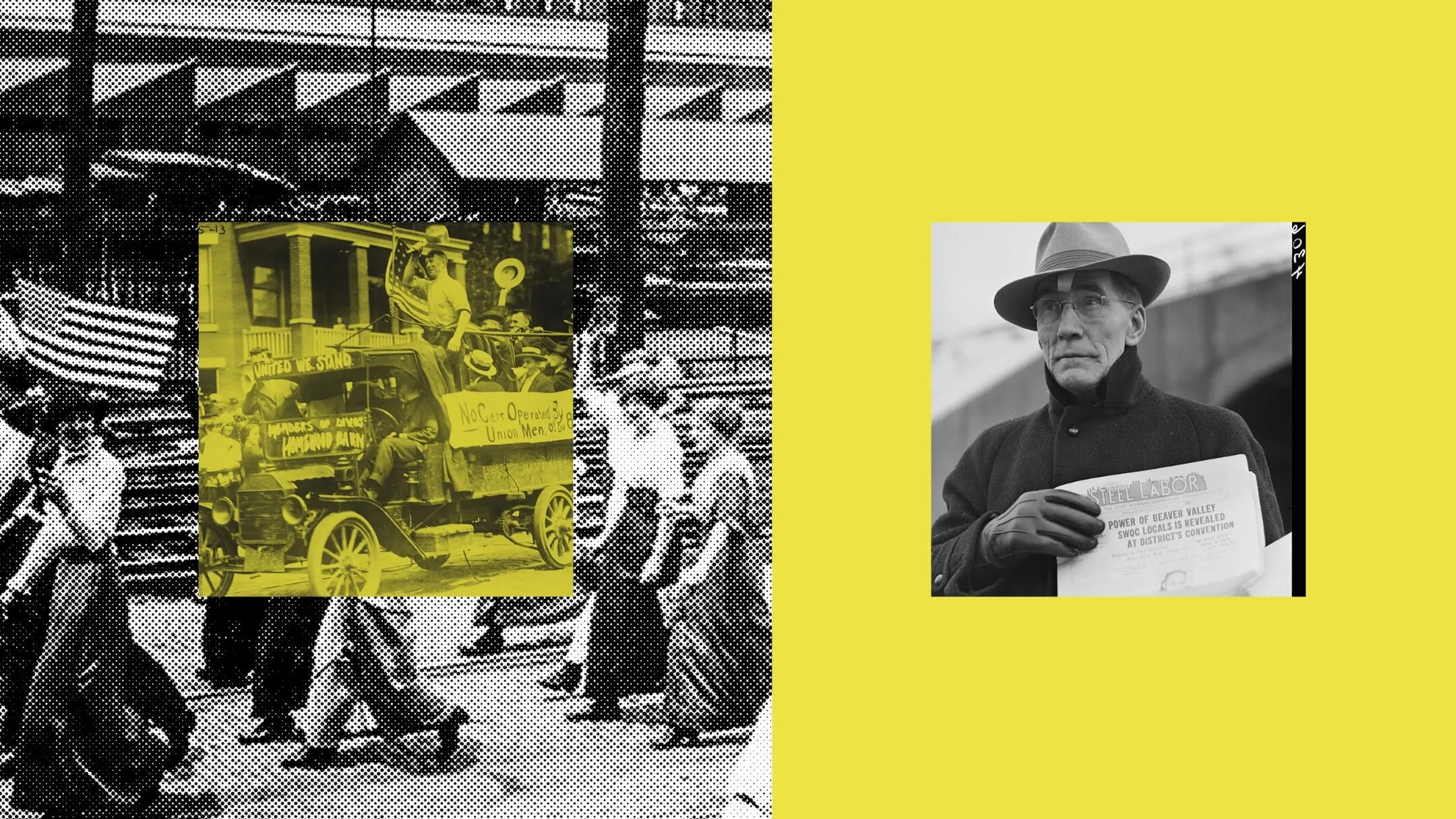 A historical image collage: left shows people marching beside a vehicle with a "Votes for Women" sign. Right is a person in a hat holding a newspaper. Background is a bright yellow.