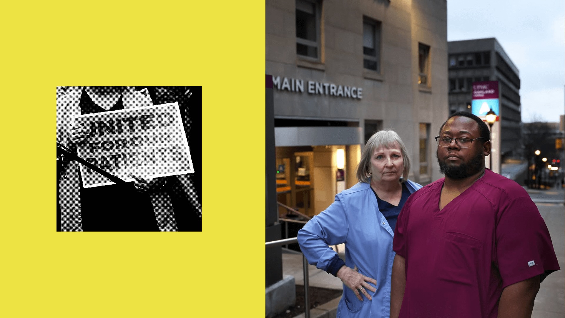 Two healthcare professionals stand outside a hospital entrance. A sign nearby reads "United for Our Patients.