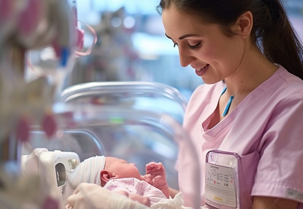 A nurse in a pink uniform smiles while caring for a newborn in an incubator. The hospital setting includes medical equipment in the background.