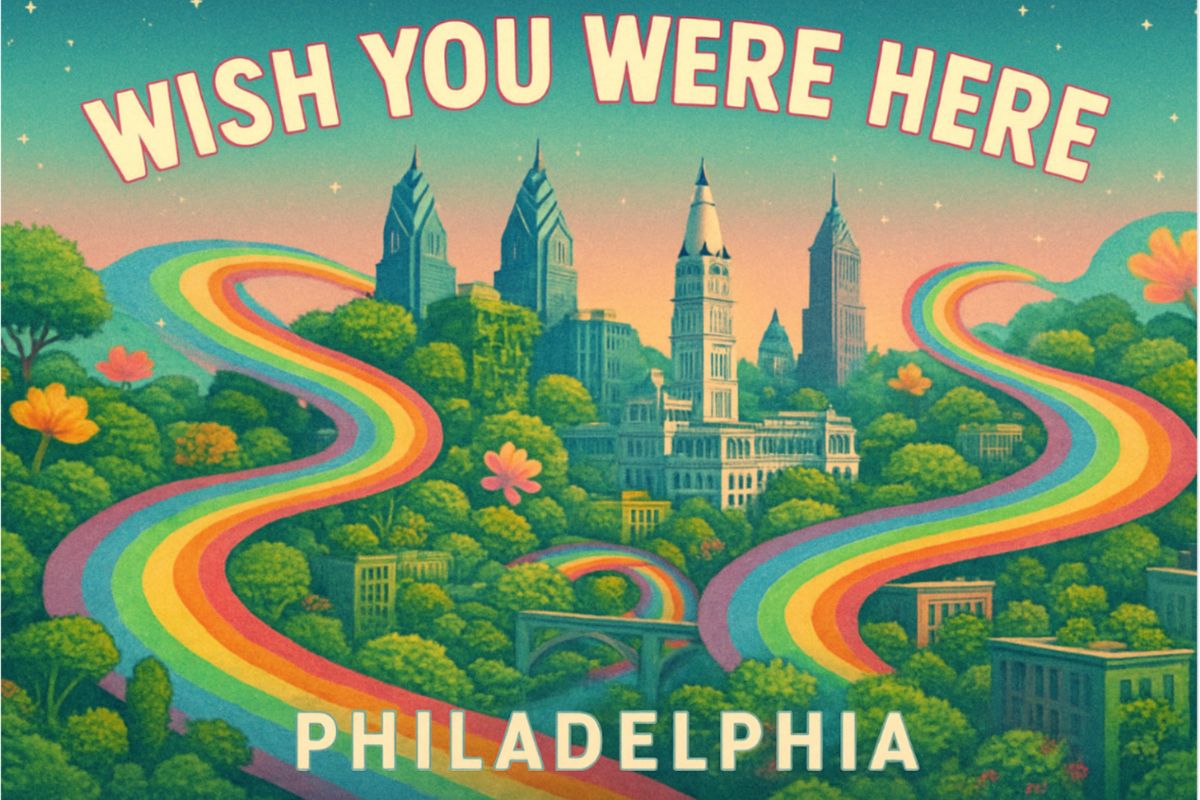 Illustration of Philadelphia skyline with colorful rainbow paths, lush greenery, and text reading “Wish You Were Here” and “Philadelphia.”.