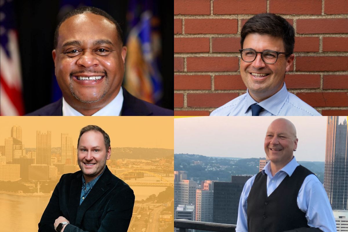A collage of four men, each in a separate quadrant, posing and smiling in different indoor and outdoor settings.