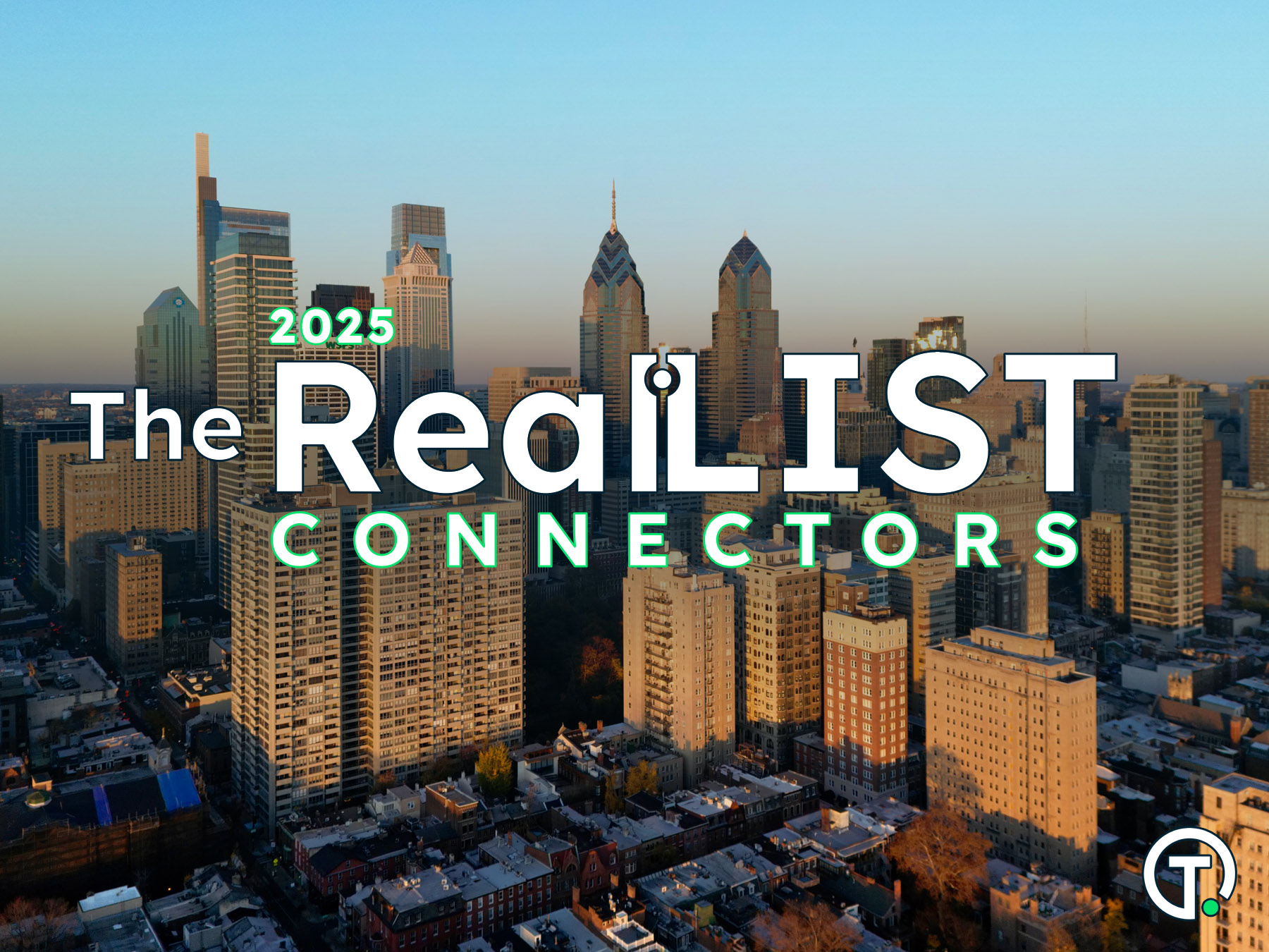 Aerial view of a city skyline with "2025 The RealLIST Connectors" text overlayed in large letters.