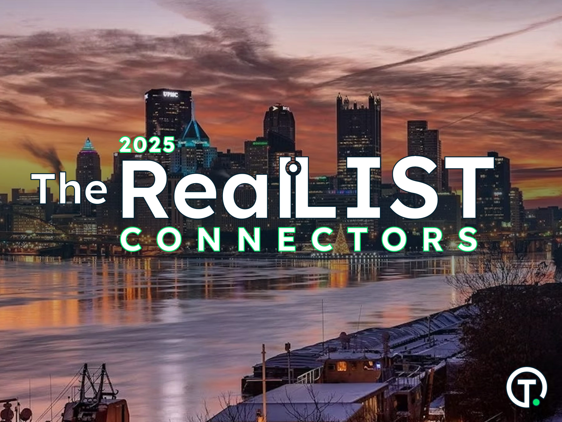 Downtown city skyline at sunset with "2025 The RealLIST CONNECTORS" text overlayed in bold letters across the center.