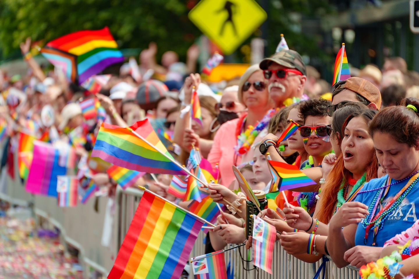 A crowd stands behind metal barricades at a parade, holding and waving rainbow pride flags, with colorful decorations and people in festive attire.