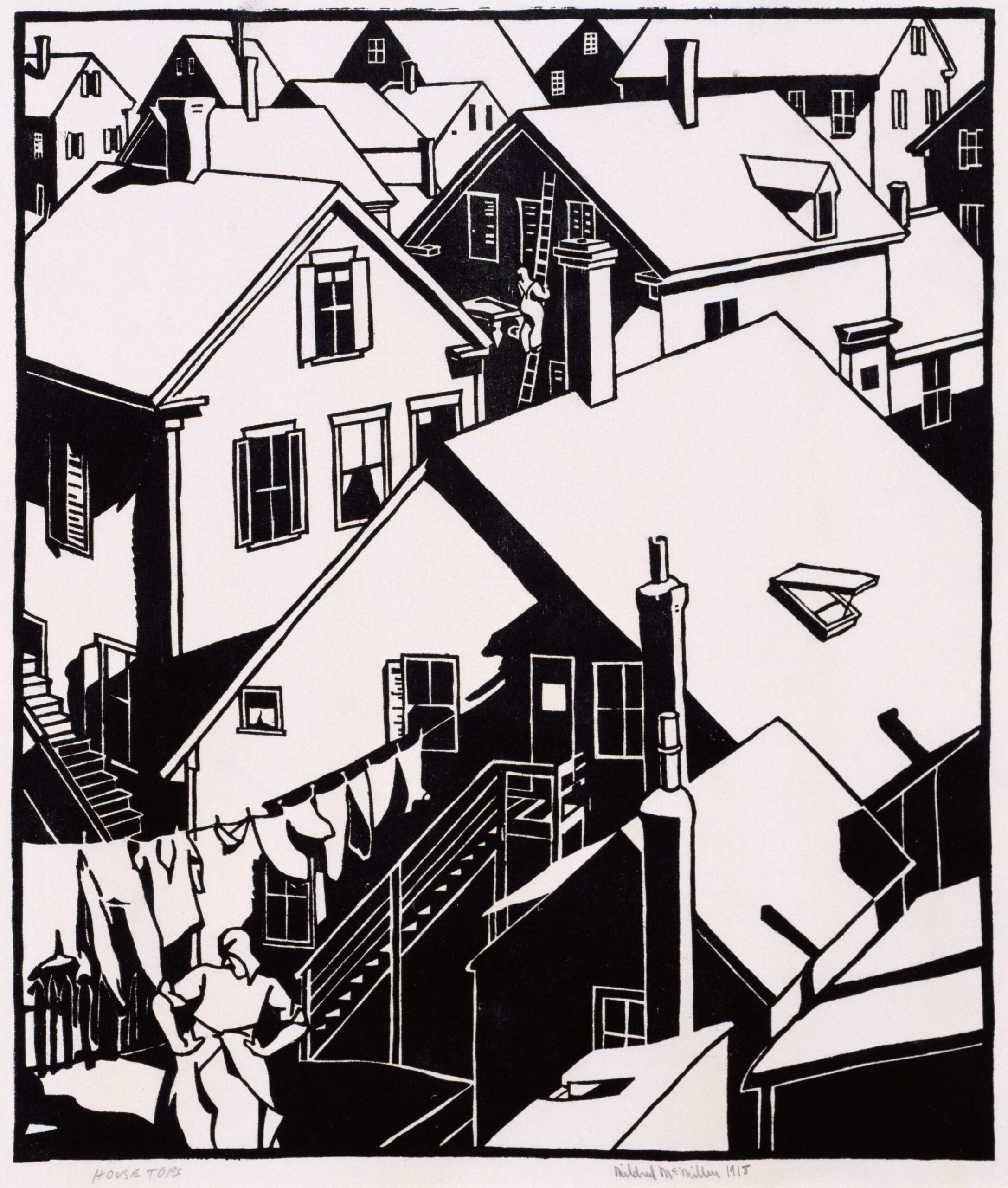 Black-and-white illustration of overlapping houses with angular roofs, laundry hanging on a clothesline, and a person standing in a yard.