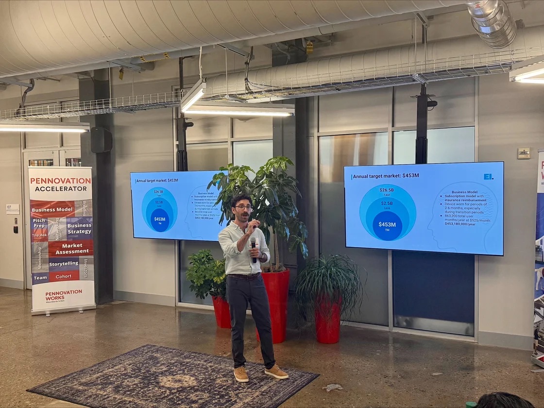 A man is giving a presentation in an office space, standing between two screens displaying an annual target market graph and a banner for Pennovation Accelerator.