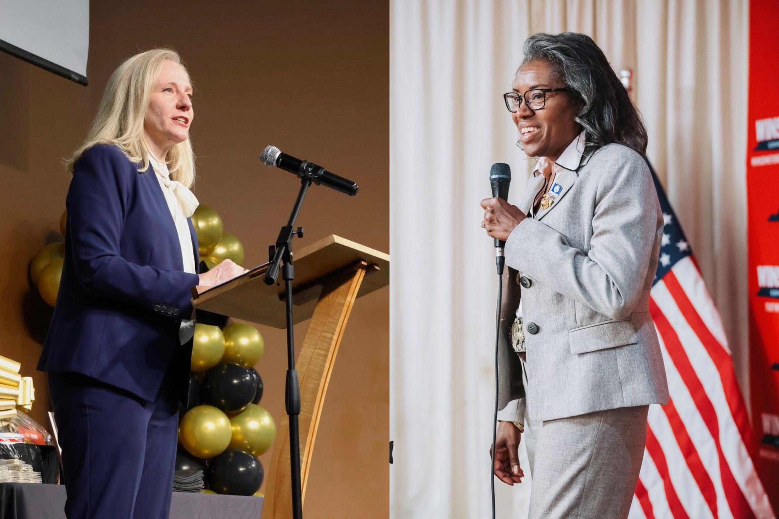 Two women in business attire speak at separate podiums; one stands before black and gold balloons, the other in front of an American flag and a red backdrop.