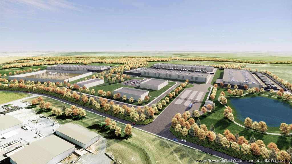 A rendering of a data center development in Frederick County. Multiple rectangular white buildings on a flat, green landscape.