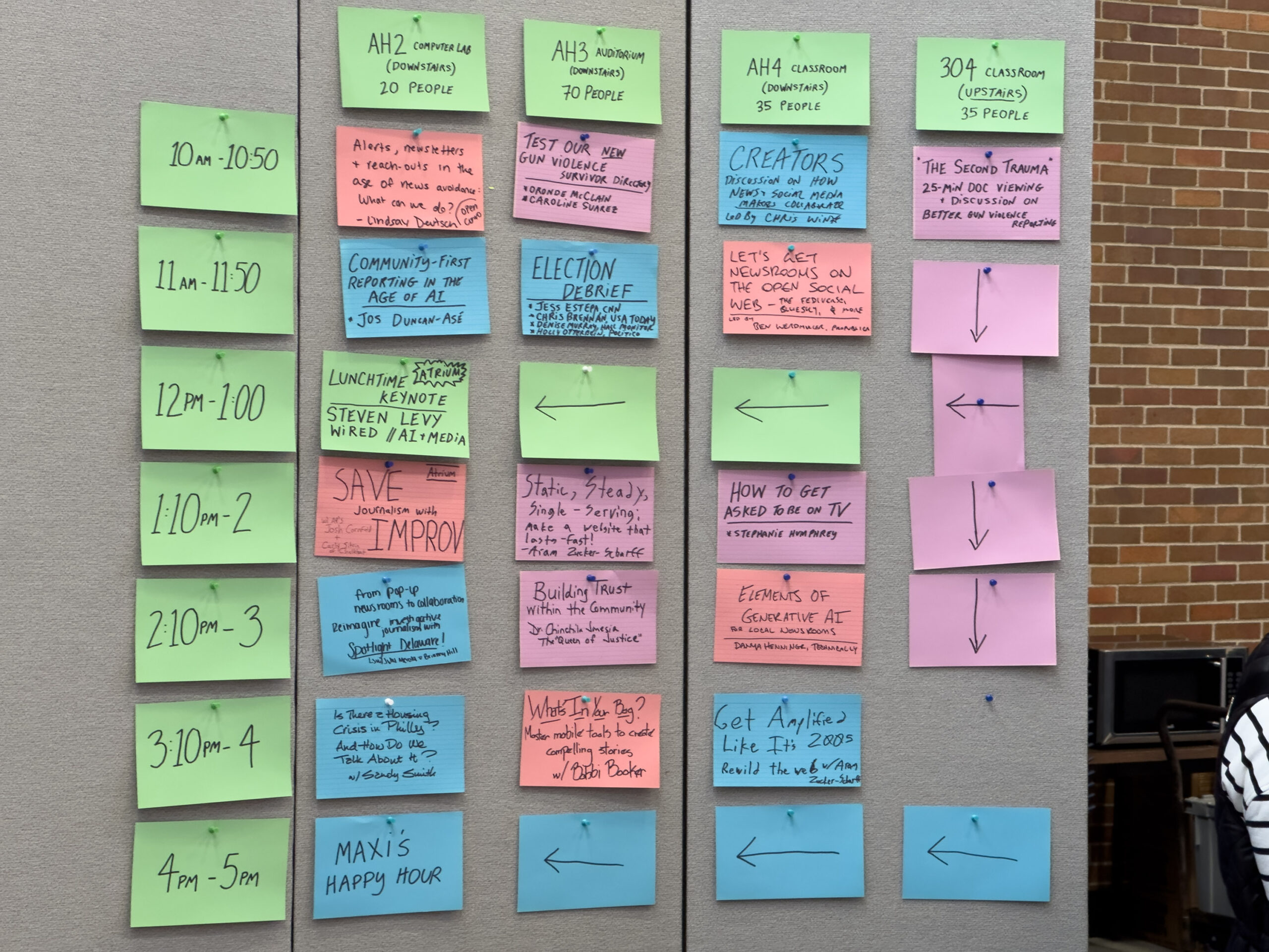 A board displays a conference schedule with colored paper note cards listing session times, topics, and titles, organized in four columns with arrows indicating movement.