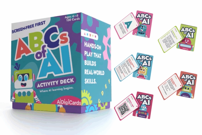 A colorful ABCs of AI activity deck box for ages 4–8 is displayed with several illustrated activity cards featuring robots and AI-related prompts spread on the right.