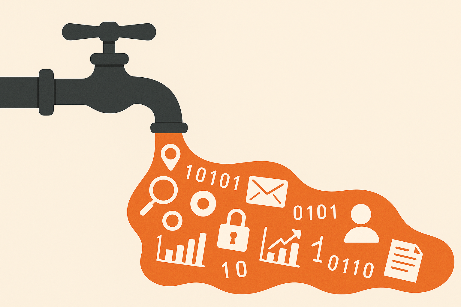 Illustration of a faucet pouring out digital icons and binary code, representing a leak of data and information.