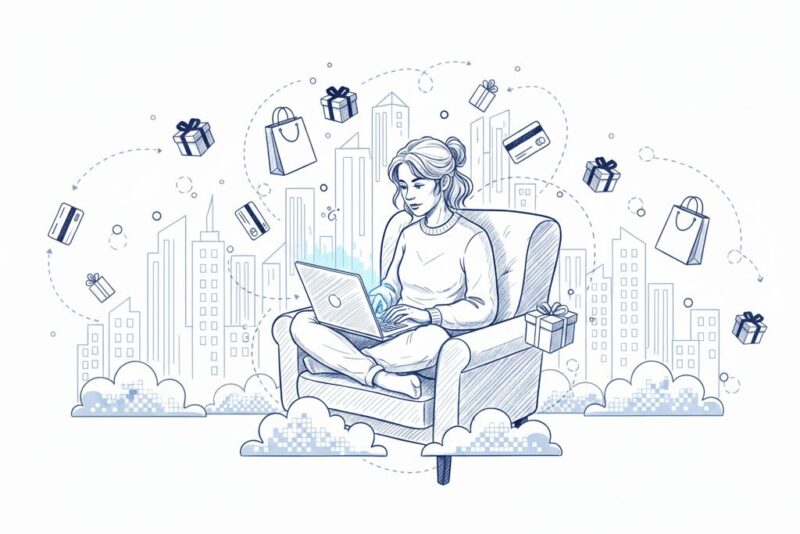 Illustration of a woman sitting in an armchair using a laptop, surrounded by floating shopping bags, gifts, and credit cards with a cityscape in the background.