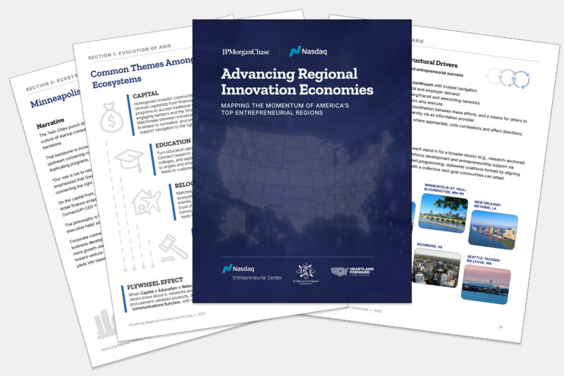 A brochure titled "Advancing Regional Innovation Economies" by JPMorgan Chase and Nasdaq is centered over three open report pages with text, charts, and images about entrepreneurial regions.
