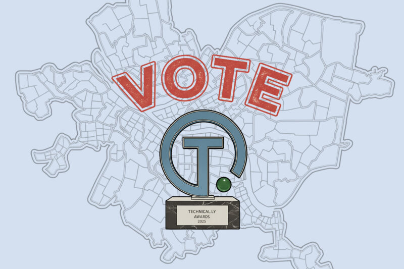 A trophy labeled "Technically Awards 2023" stands in front of a city map background with the word "VOTE" in large red letters above it.