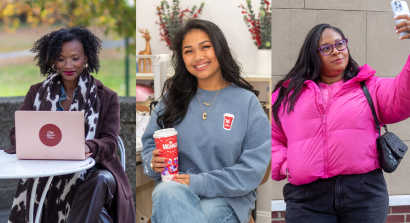 Three women pose individually: one works on a laptop outdoors, one holds a holiday coffee cup indoors, and one takes a selfie outside wearing a bright pink jacket.