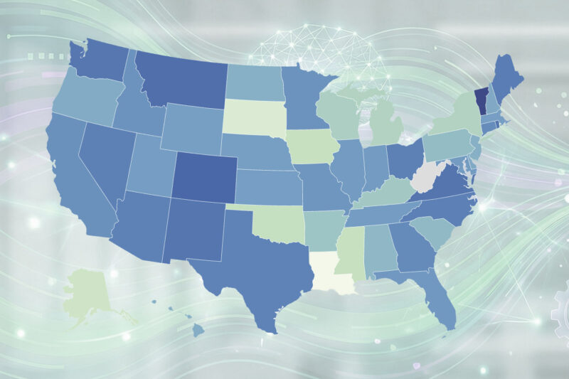 A color-coded map of the United States shows each state shaded in varying tones of blue and green against a light digital background.