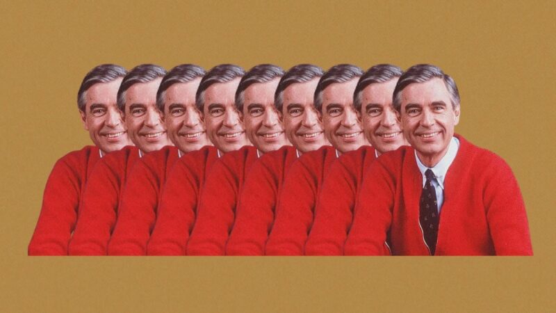 A row of eight identical images of a man in a red sweater and tie, sitting against a plain brown background.