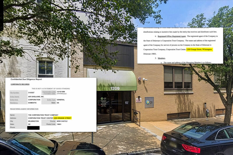 A two-story building at 1209 Orange Street, Wilmington, Delaware, with an inset showing a business registration document highlighting the same address.