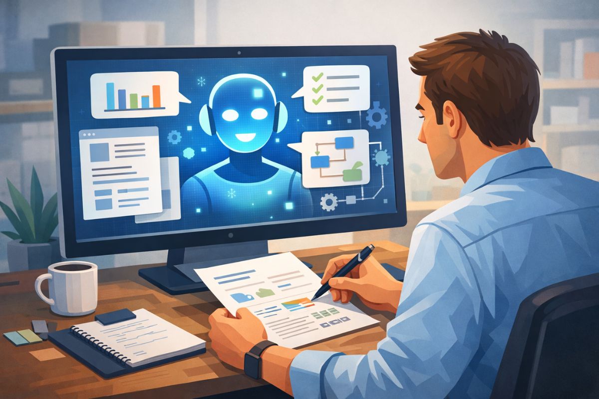 A man sits at a desk with documents and a notebook, working on a computer displaying charts, diagrams, and a blue digital avatar.