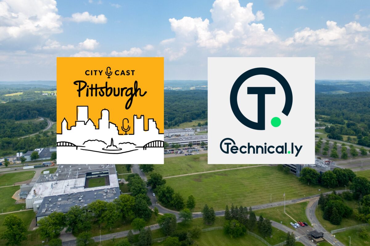 Logos of City Cast Pittsburgh and Technical.ly are displayed over an aerial view of a suburban area with trees, buildings, and roads under a partly cloudy sky.