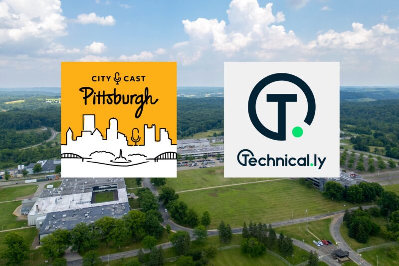 Logos of City Cast Pittsburgh and Technical.ly are displayed over an aerial view of a suburban area with trees, buildings, and roads under a partly cloudy sky.