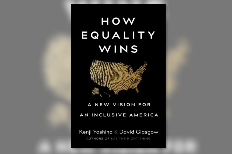 Book cover for "How Equality Wins: A New Vision for an Inclusive America" by Kenji Yoshino and David Glasgow, featuring a gold fingerprint in the shape of the U.S. map on a black background.