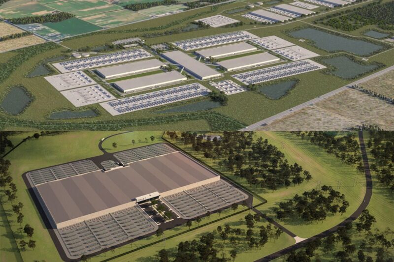 Aerial renderings of two large industrial or data center complexes surrounded by parking lots, roads, greenery, and open land.