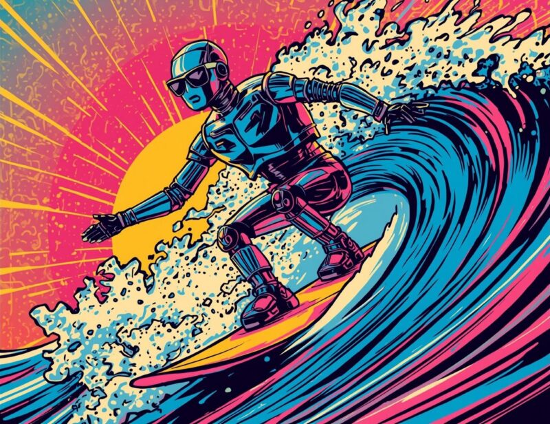 A robot wearing sunglasses surfs a large wave with a bright, colorful sunset in the background.