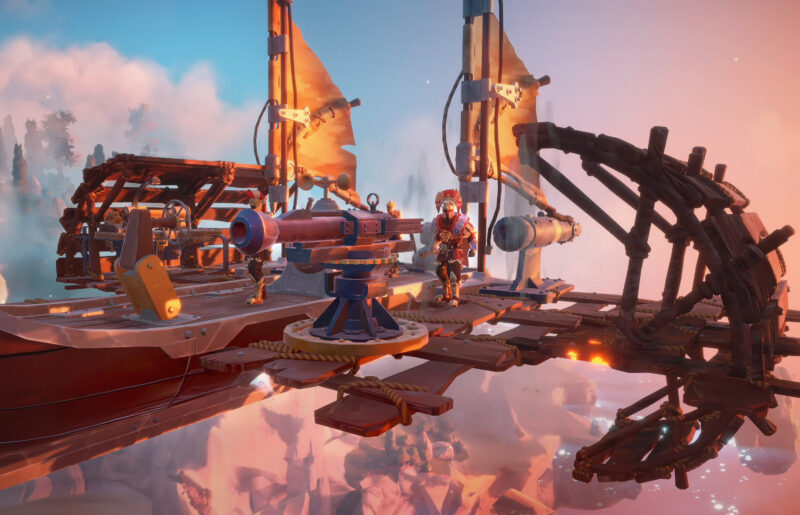 A character stands on a wooden flying ship equipped with sails, machinery, and a mounted cannon, floating above a cloudy, colorful landscape.