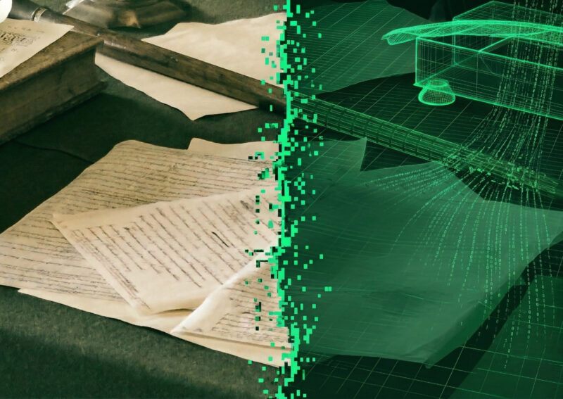 A stack of handwritten papers transforms into a digital green wireframe, representing the digitization of documents.