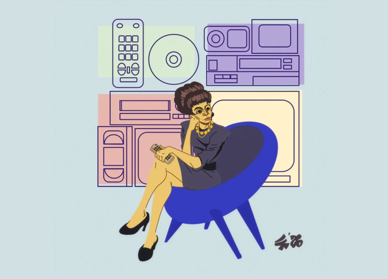 A woman sits in a modern blue chair holding a remote, with illustrations of retro electronics like a TV, remote, VHS tape, and CD behind her.