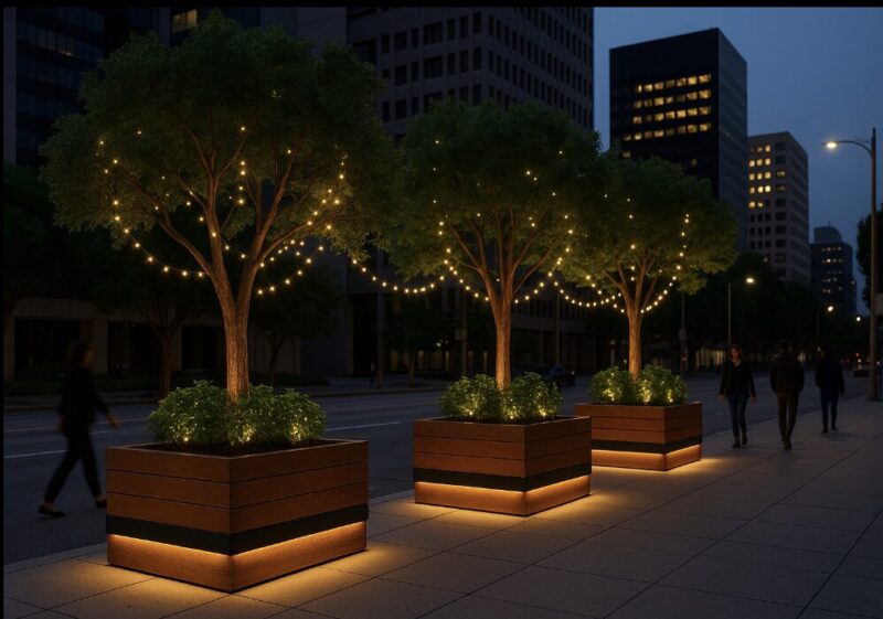 Three trees with attached string lights in planter boxes