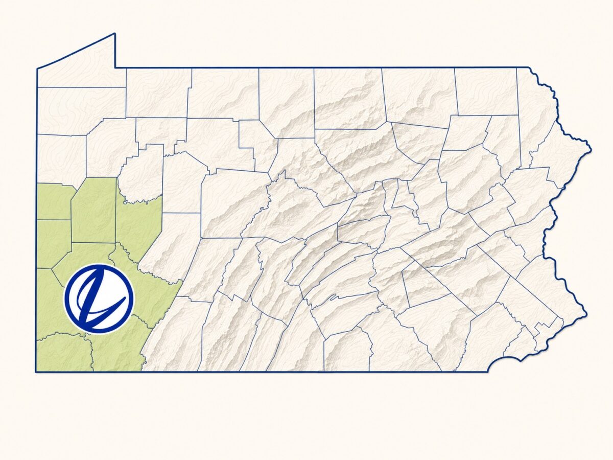 Map of Pennsylvania highlighting the southwestern counties in green with a circular emblem over the area.