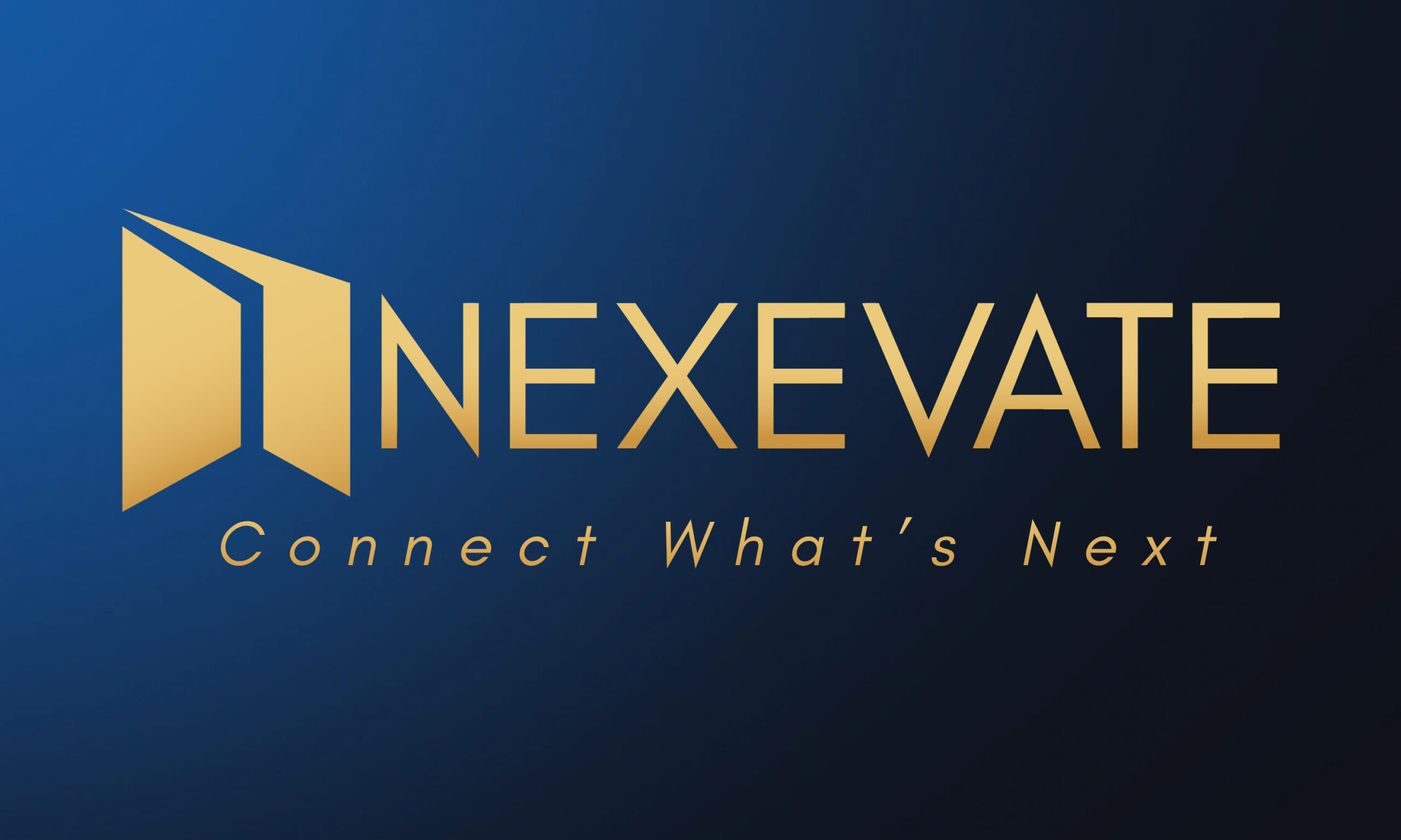 NEXEVATE logo in gold on a blue gradient background, with the slogan "Connect Whatโs Next" written below the company name.
