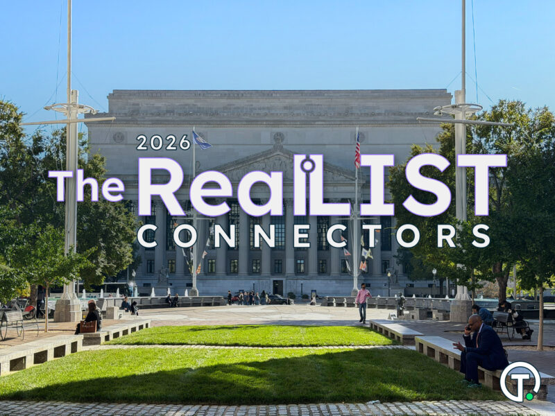People sit and walk in a sunny plaza in front of a large government building, with "2026 The RealLIST CONNECTORS" text overlaid in bold letters.