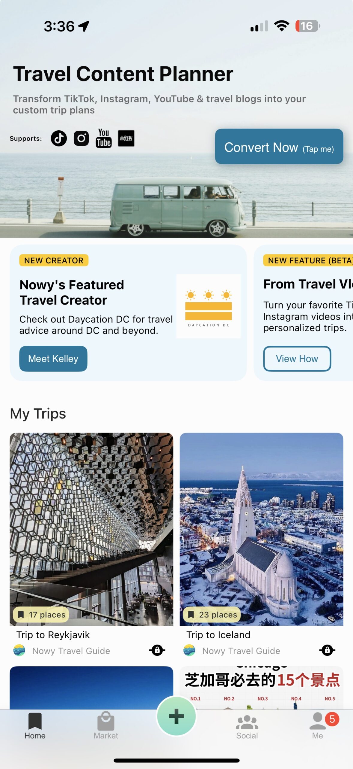 Screenshot of a travel content planner app showing featured travel creators and trip guides for Reykjavik and Iceland, along with navigation icons and a “Convert Now” button at the top.