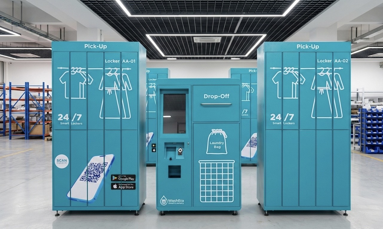 Rows of blue smart lockers labeled for laundry pick-up and drop-off stand in a clean, modern indoor facility, with digital interfaces and QR codes visible.