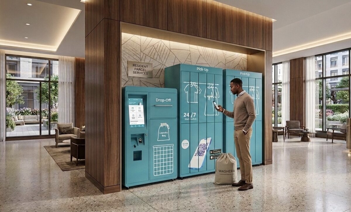 A man stands in front of a blue self-service garment locker system, holding a laundry bag and using a touchscreen in a modern building lobby.