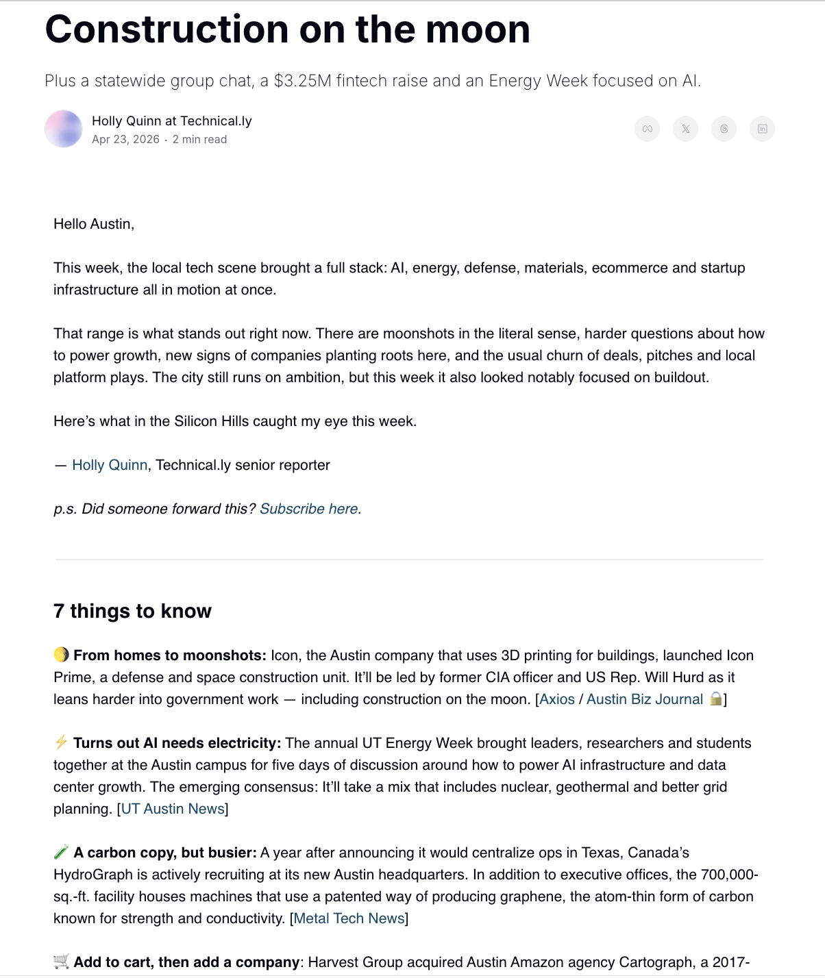Screenshot of an article titled "Construction on the moon," including a brief discussion of local tech news and a list of related news links about construction, startups, and lunar technology.