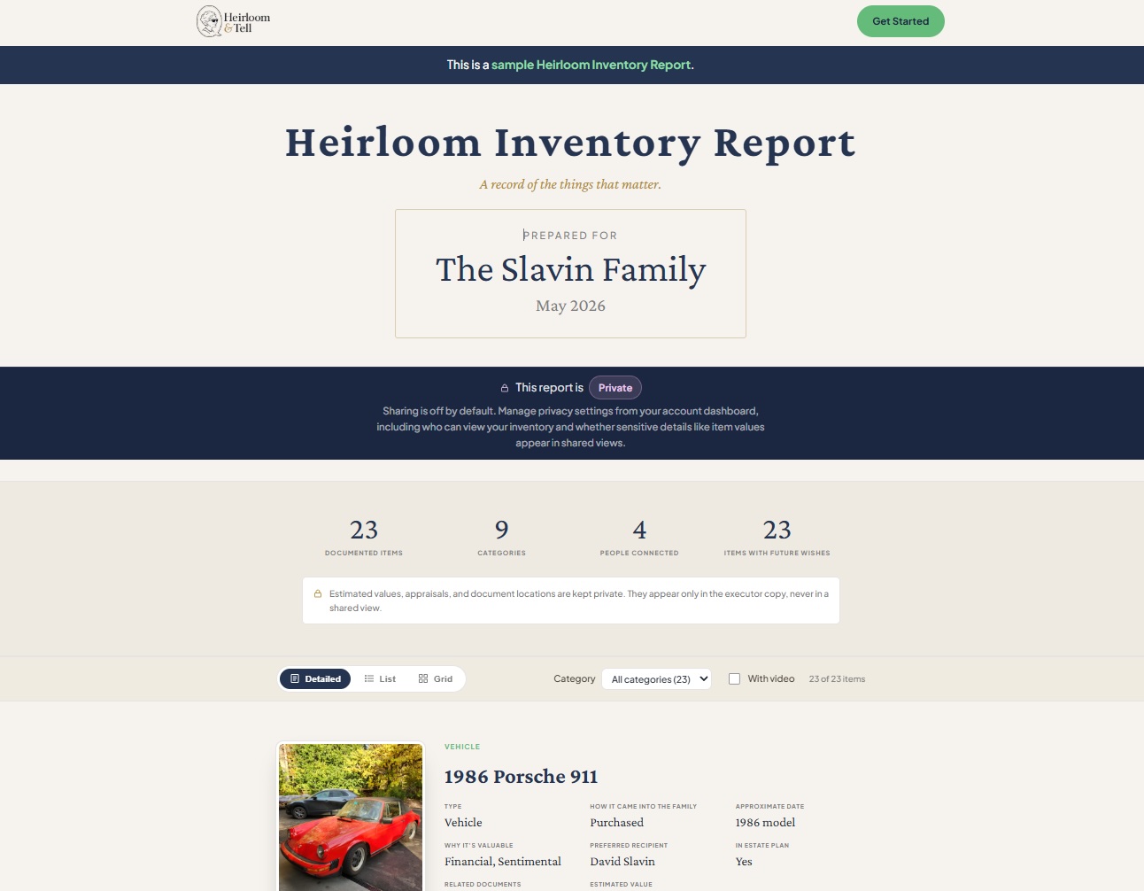 Screenshot of an online heirloom inventory report for the Slavin family, showing an entry for a red 1986 Porsche 911 with details about its value and sentimental significance.