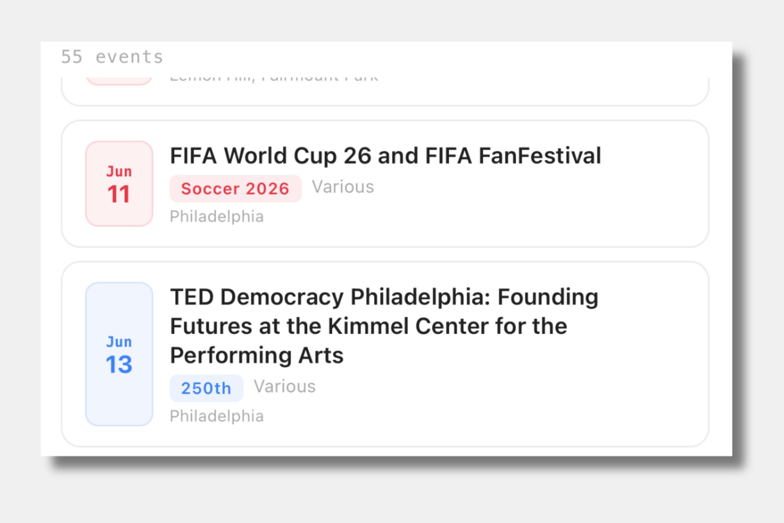 Screenshot of an event listing showing "FIFA World Cup 26 and FIFA FanFestival" on June 11 and "TED Democracy Philadelphia" on June 13, both in Philadelphia.