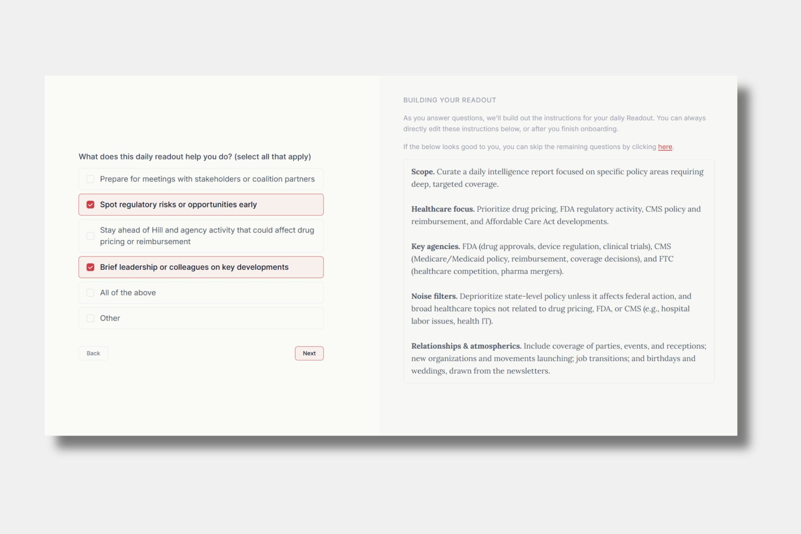 A screen displays a survey form on the left with checkboxes, and informational text about building a readout on the right. Three checkboxes are selected.