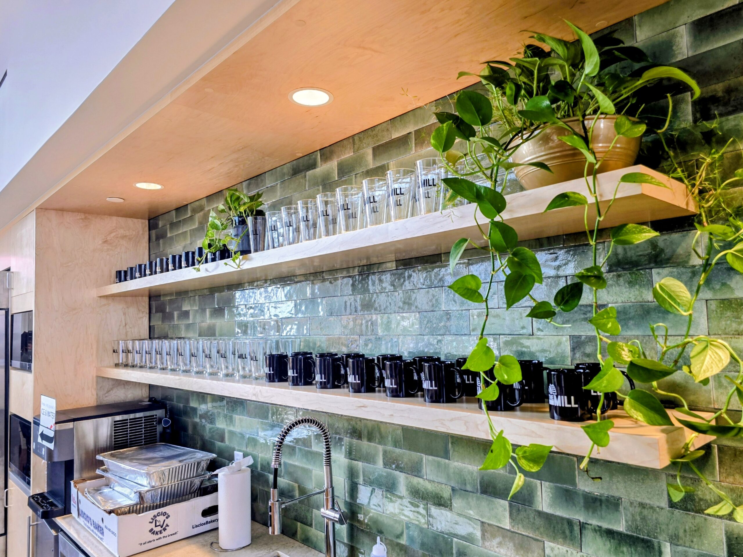 Two wooden shelves holding glasses, black mugs, and potted plants are mounted on a green tiled kitchen wall above a sink and counter with various kitchen supplies.