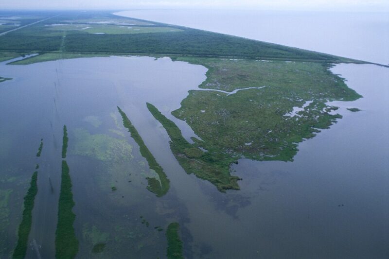 Aerial view of a marshland and water channels with patches of green vegetation separated by open water, under a cloudy sky.