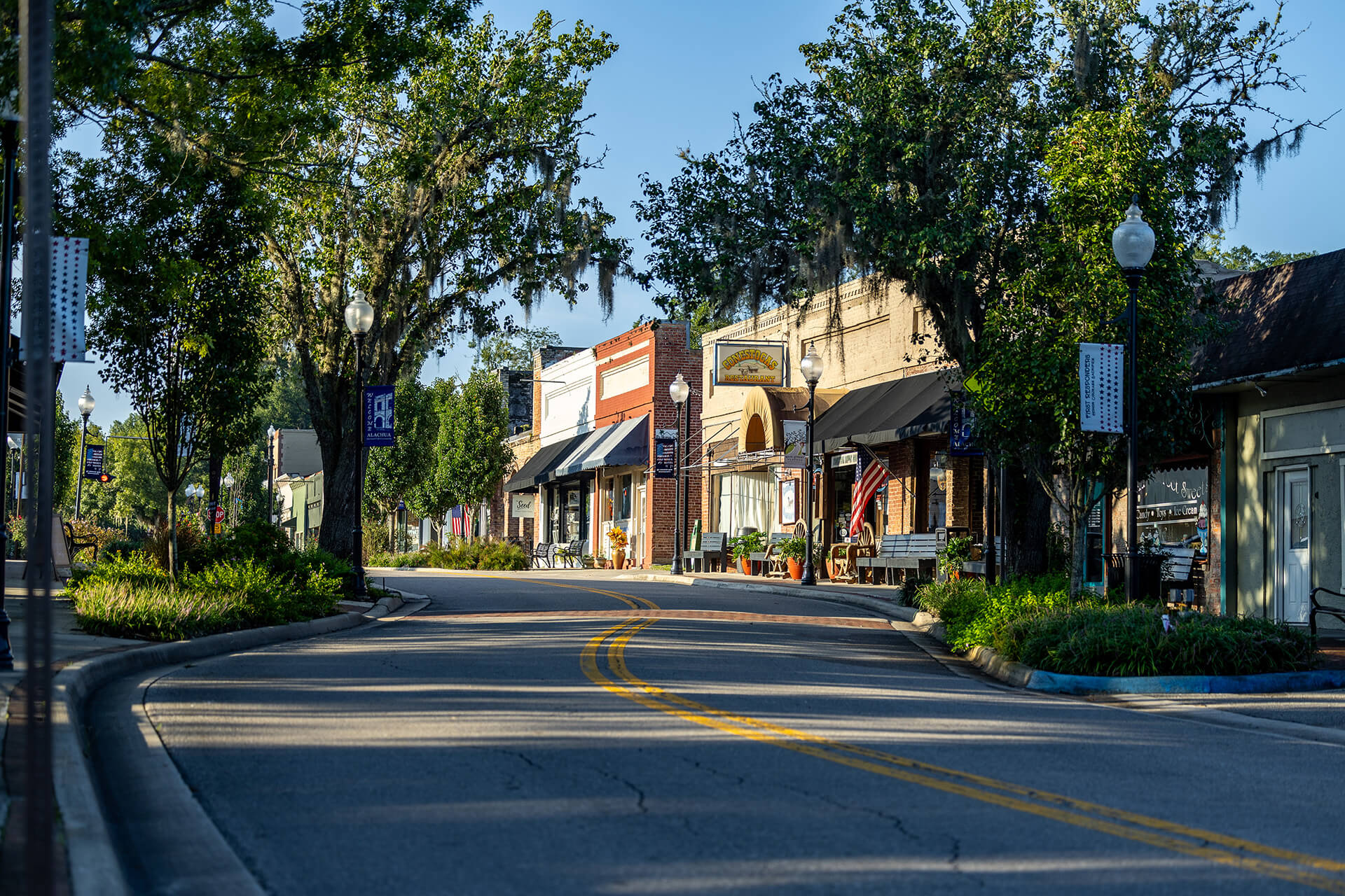 A quiet small-town street is lined with trees, local shops, signs, and a gently curving road under a clear sky.