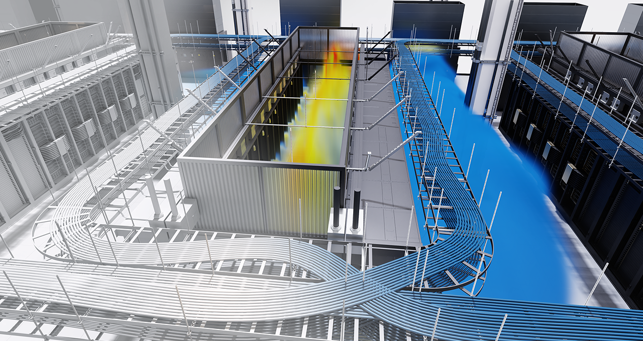 Rendering of an industrial facility with cable trays, a central enclosed area, and highlighted airflow or energy flow shown in yellow and orange, surrounded by machinery and blue-tinted flooring.