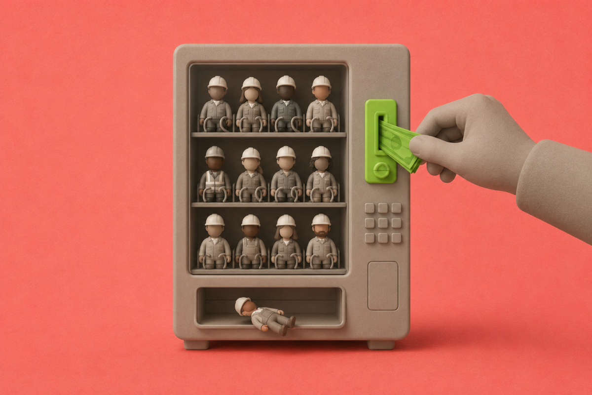 A toy vending machine filled with miniature workers as a hand inserts bright green cash, while a single worker lies in the dispensing tray.